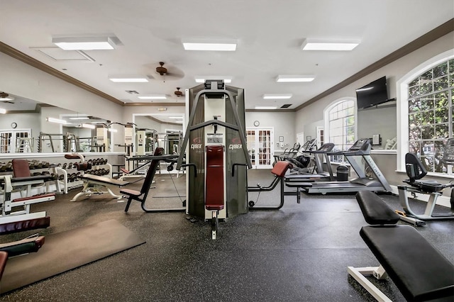 workout area with crown molding