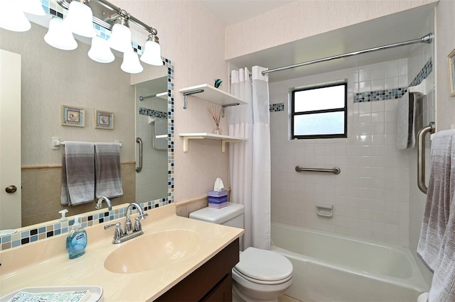 full bathroom with vanity, toilet, and shower / bathtub combination with curtain