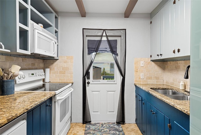 kitchen with blue cabinets, white appliances, sink, and beam ceiling