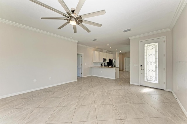 unfurnished living room featuring ceiling fan, light tile patterned floors, and ornamental molding