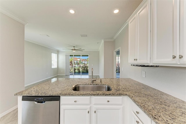 kitchen with dishwasher, white cabinetry, sink, and crown molding