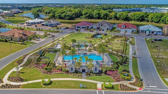 bird's eye view with a water view