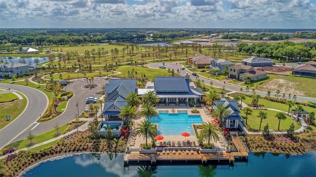 bird's eye view with a water view