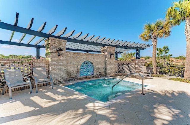 view of swimming pool with a community hot tub, a patio, and a pergola