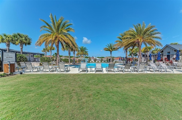 view of pool featuring a lawn