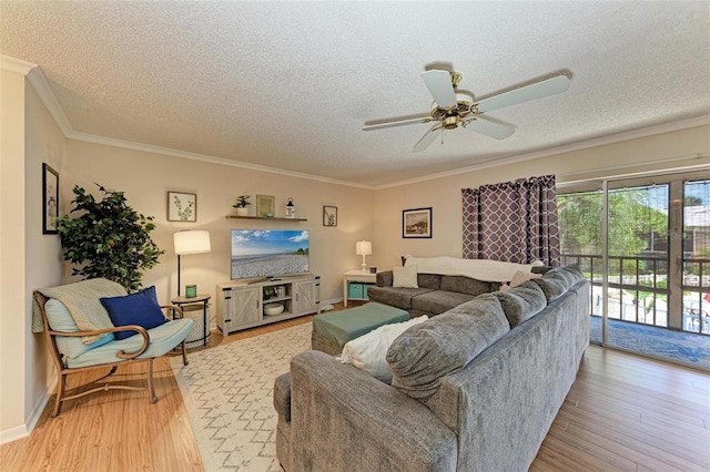 living room featuring a textured ceiling, light hardwood / wood-style floors, ceiling fan, and ornamental molding