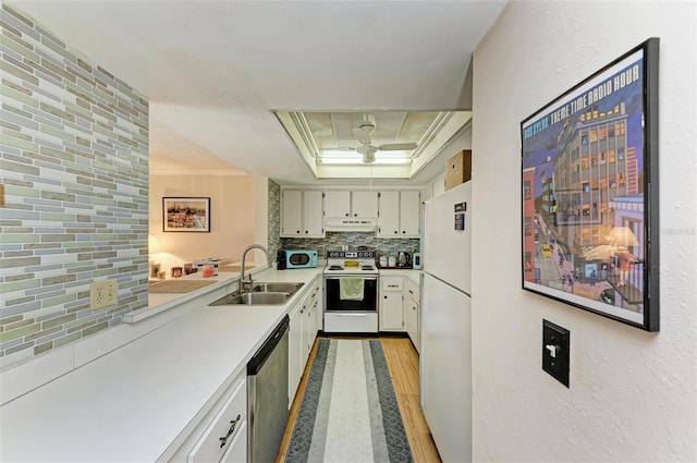 kitchen featuring sink, a tray ceiling, decorative backsplash, appliances with stainless steel finishes, and light wood-type flooring