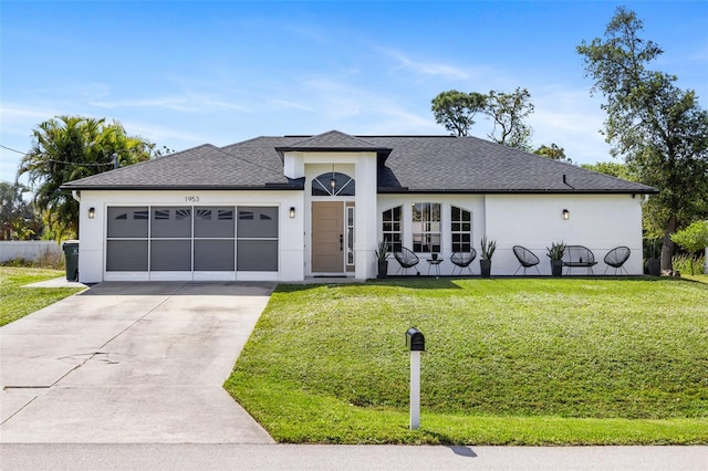 1953 Wheeling Ave, North Port, FL 34288 - view of front of house featuring driveway, a front lawn, a garage, stucco siding, and roof with shingles