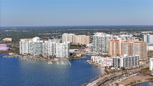 drone / aerial view featuring a water view