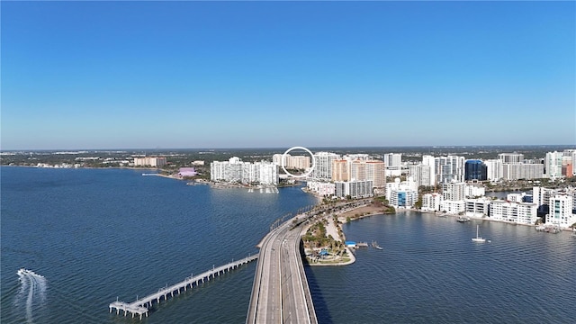 birds eye view of property featuring a water view