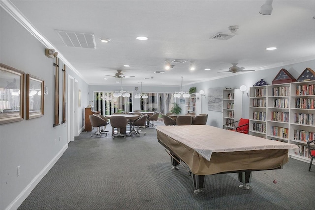 game room with crown molding, ceiling fan with notable chandelier, and pool table