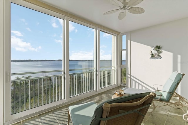 sunroom / solarium with a water view and ceiling fan