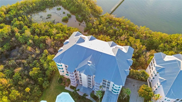 aerial view featuring a water view