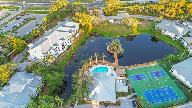 drone / aerial view with a water view