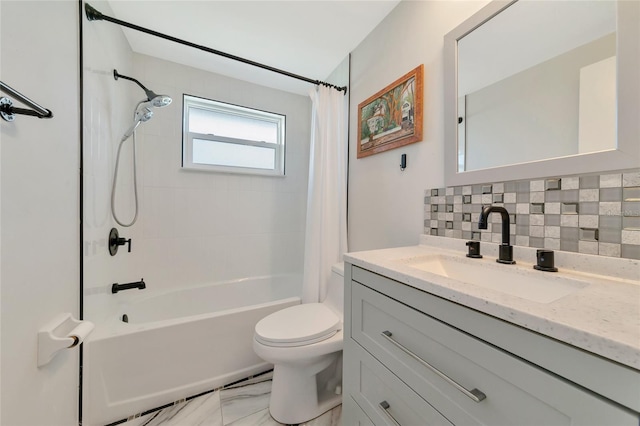 full bathroom with decorative backsplash, vanity, shower / tub combo, and toilet