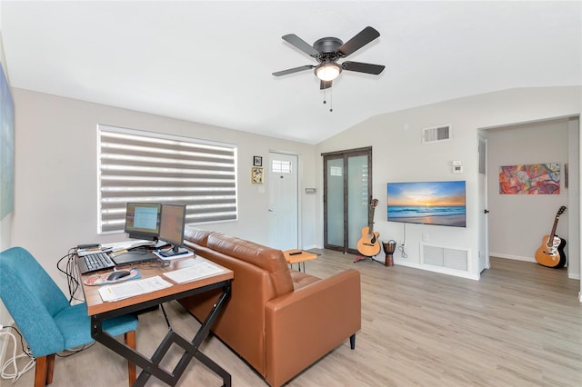 living room featuring light wood-type flooring, ceiling fan, and lofted ceiling