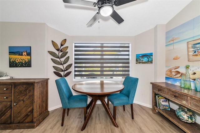 dining room with ceiling fan and light wood-type flooring