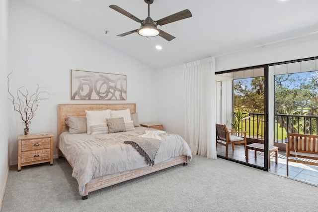 bedroom with carpet flooring, access to exterior, ceiling fan, and vaulted ceiling