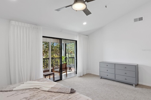 bedroom with light carpet, access to outside, ceiling fan, and lofted ceiling