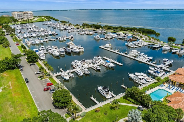 aerial view featuring a water view