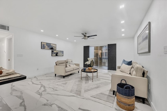 living room with ceiling fan