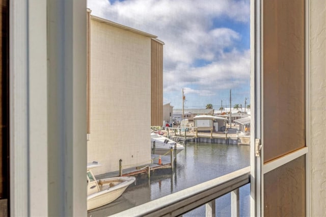 interior space with a water view