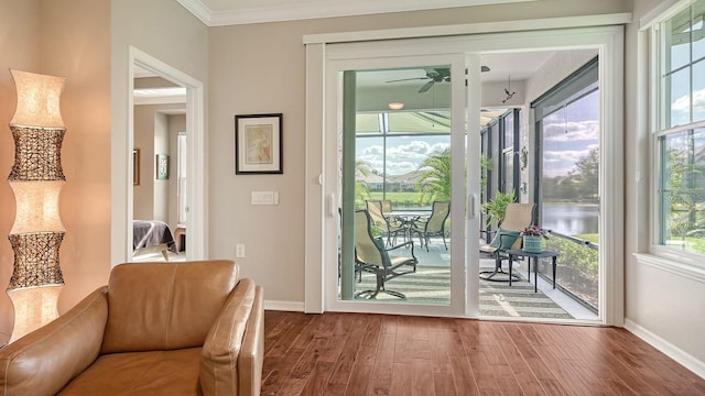 doorway to outside featuring ornamental molding, wood-type flooring, and ceiling fan