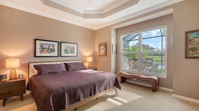 bedroom with light carpet and crown molding