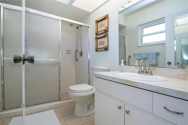 bathroom with tile patterned flooring, vanity, toilet, and a shower with door