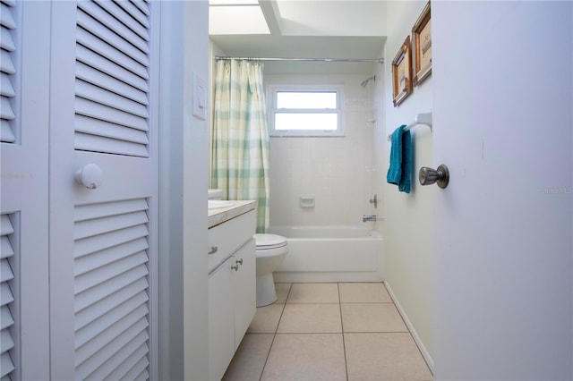 full bathroom with vanity, tile patterned flooring, shower / bathtub combination with curtain, and toilet