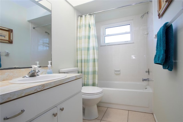 full bathroom with toilet, shower / bath combo, vanity, and tile patterned floors