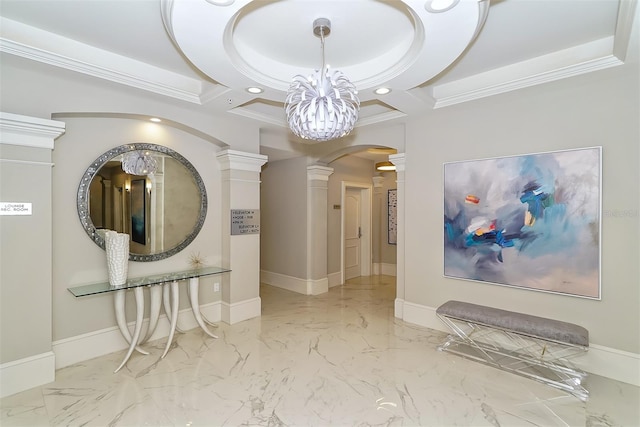 415 L Ambiance Dr Unit C703, Longboat Key, FL 34228 - corridor featuring ornate columns, arched walkways, crown molding, recessed lighting, and a chandelier