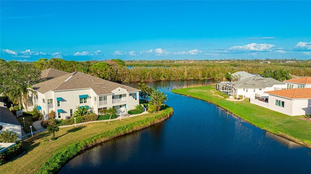 aerial view featuring a water view