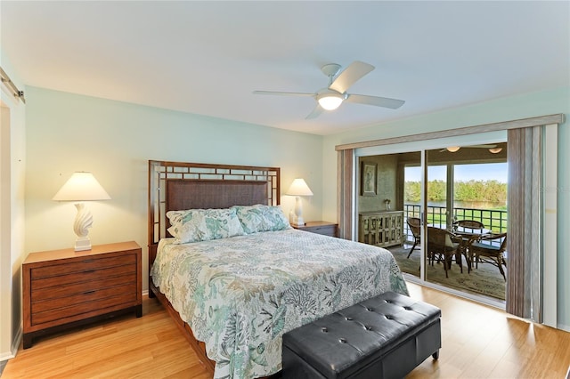 bedroom featuring access to outside, ceiling fan, and light hardwood / wood-style floors