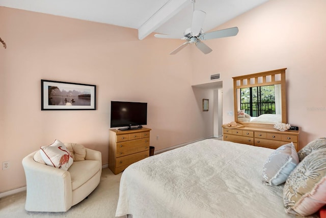 carpeted bedroom with ceiling fan, beamed ceiling, and high vaulted ceiling