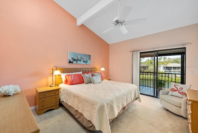 bedroom with light carpet, high vaulted ceiling, ceiling fan, access to exterior, and beamed ceiling