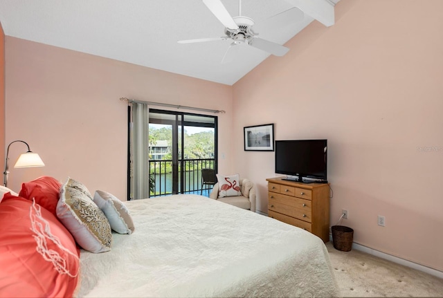 bedroom with light carpet, access to outside, ceiling fan, beam ceiling, and high vaulted ceiling