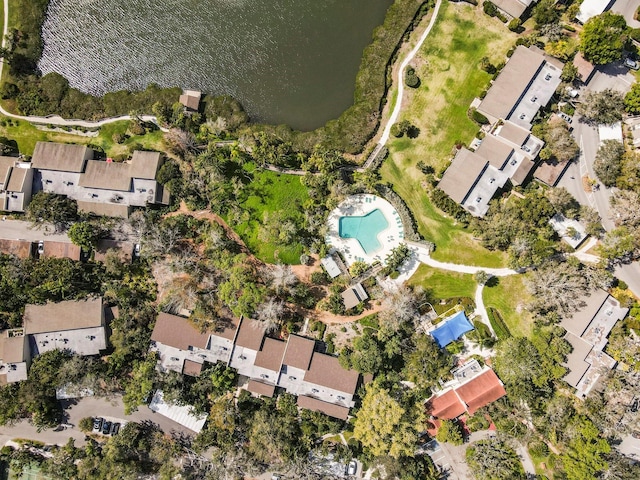 drone / aerial view with a water view