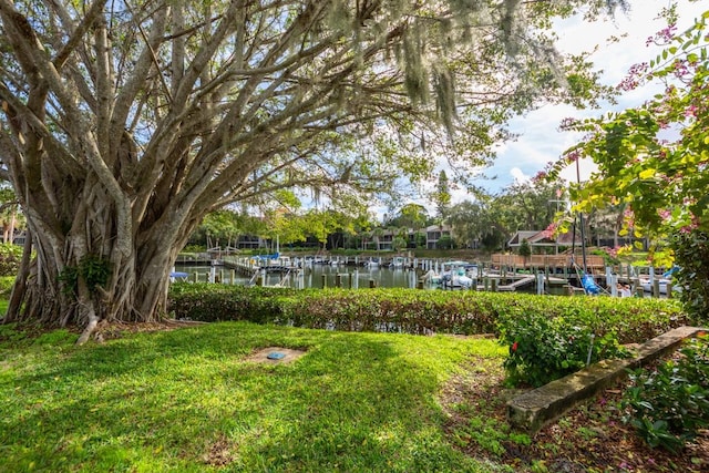 view of property's community with a lawn, a water view, and a boat dock