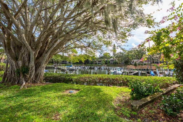 1519 Pelican Point Dr Unit 292, Sarasota, FL 34231 - view of grassy yard with a dock and a water view