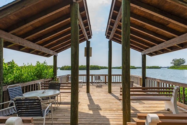 view of dock with a deck with water view