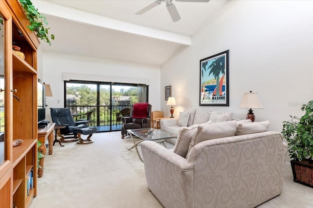 1519 Pelican Point Dr Unit 292, Sarasota, FL 34231 - carpeted living room featuring beamed ceiling, a ceiling fan, and high vaulted ceiling