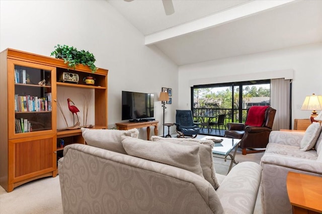 1519 Pelican Point Dr Unit 292, Sarasota, FL 34231 - living room featuring light colored carpet, beamed ceiling, ceiling fan, and high vaulted ceiling