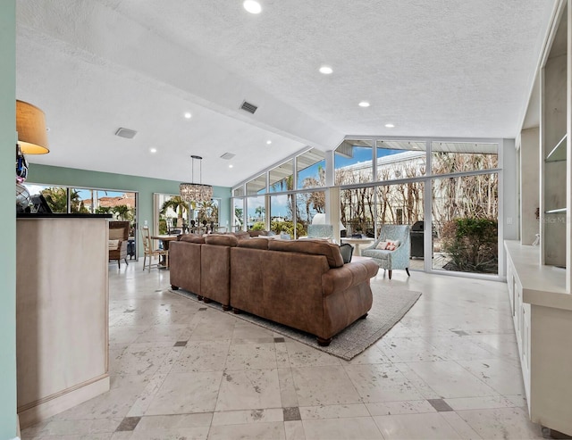 living room featuring vaulted ceiling with beams, floor to ceiling windows, and a textured ceiling