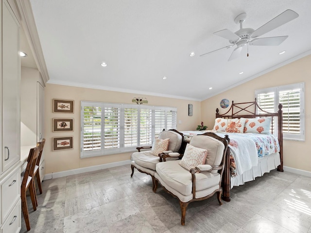 bedroom with vaulted ceiling, multiple windows, ornamental molding, and ceiling fan