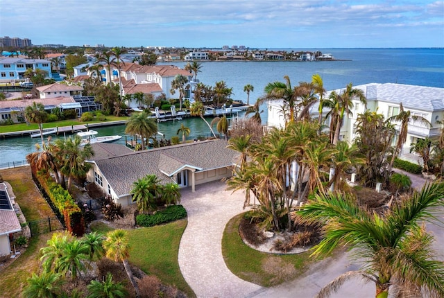 aerial view featuring a water view