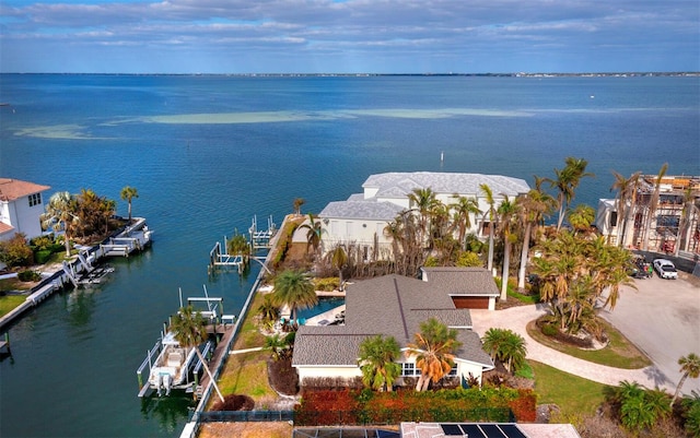 drone / aerial view featuring a water view