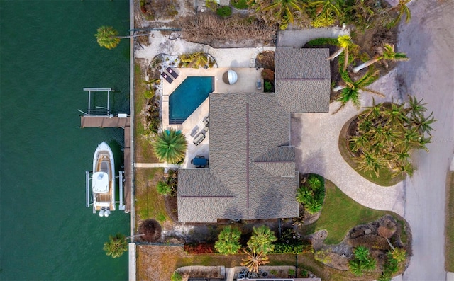 drone / aerial view featuring a water view