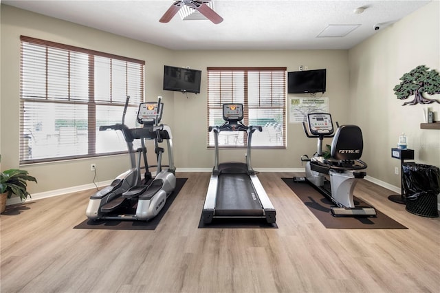 workout room with baseboards, a healthy amount of sunlight, and wood finished floors