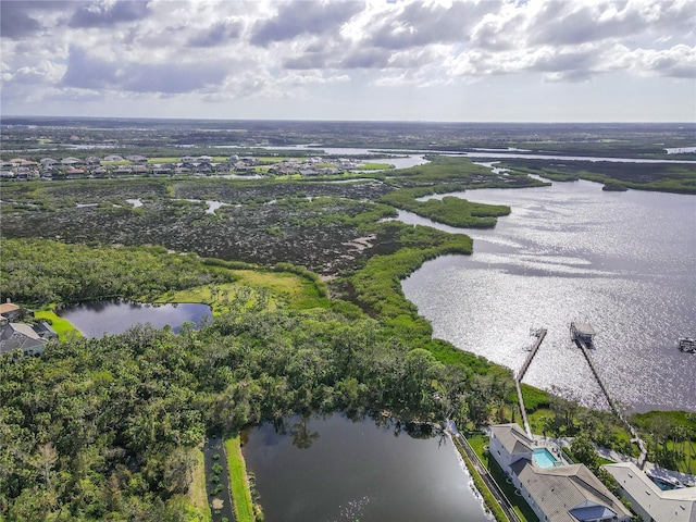 drone / aerial view featuring a water view